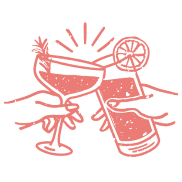 Illustration of hands cheersing drinks.