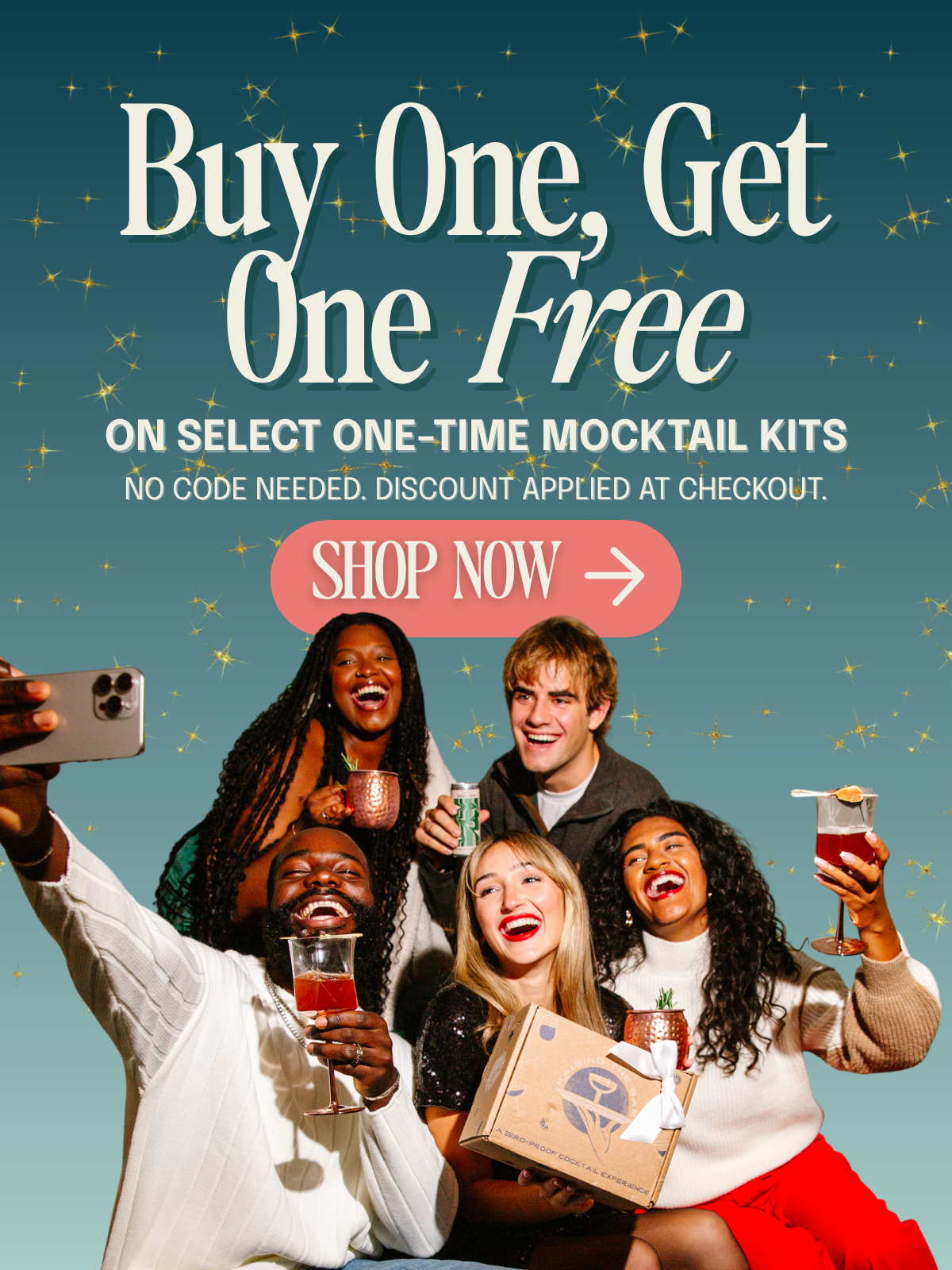 Promotional advertisement for a mocktail kit offer with people holding drinks and a smartphone.