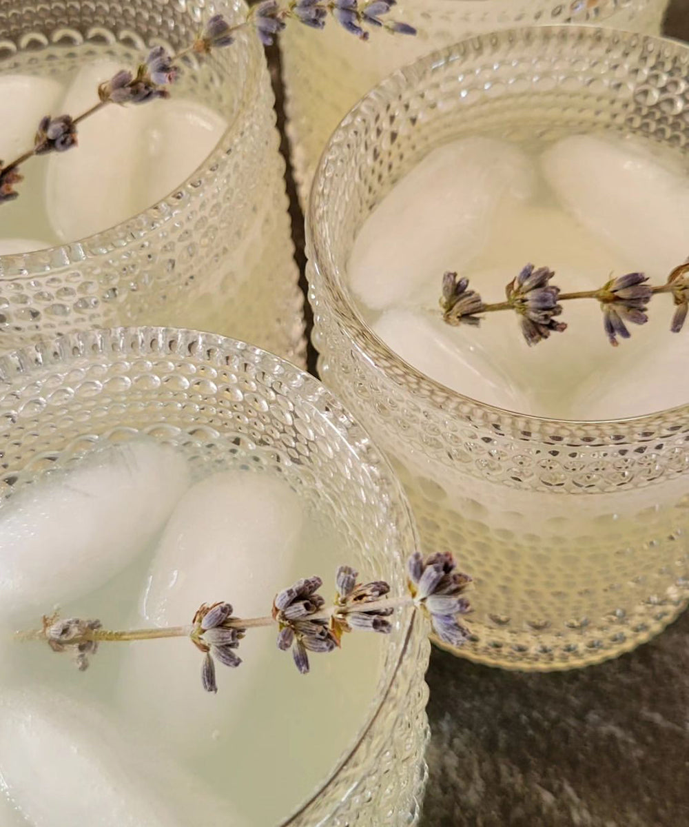 Three non-alcoholic cocktails in ornate glasses with lavender garnish.