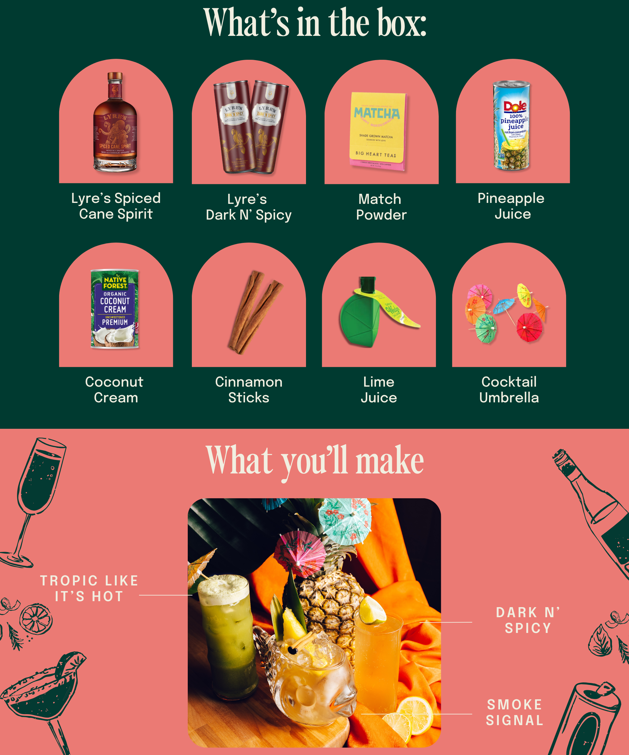 Product packaging with ingredients and cocktail images on a green and pink background