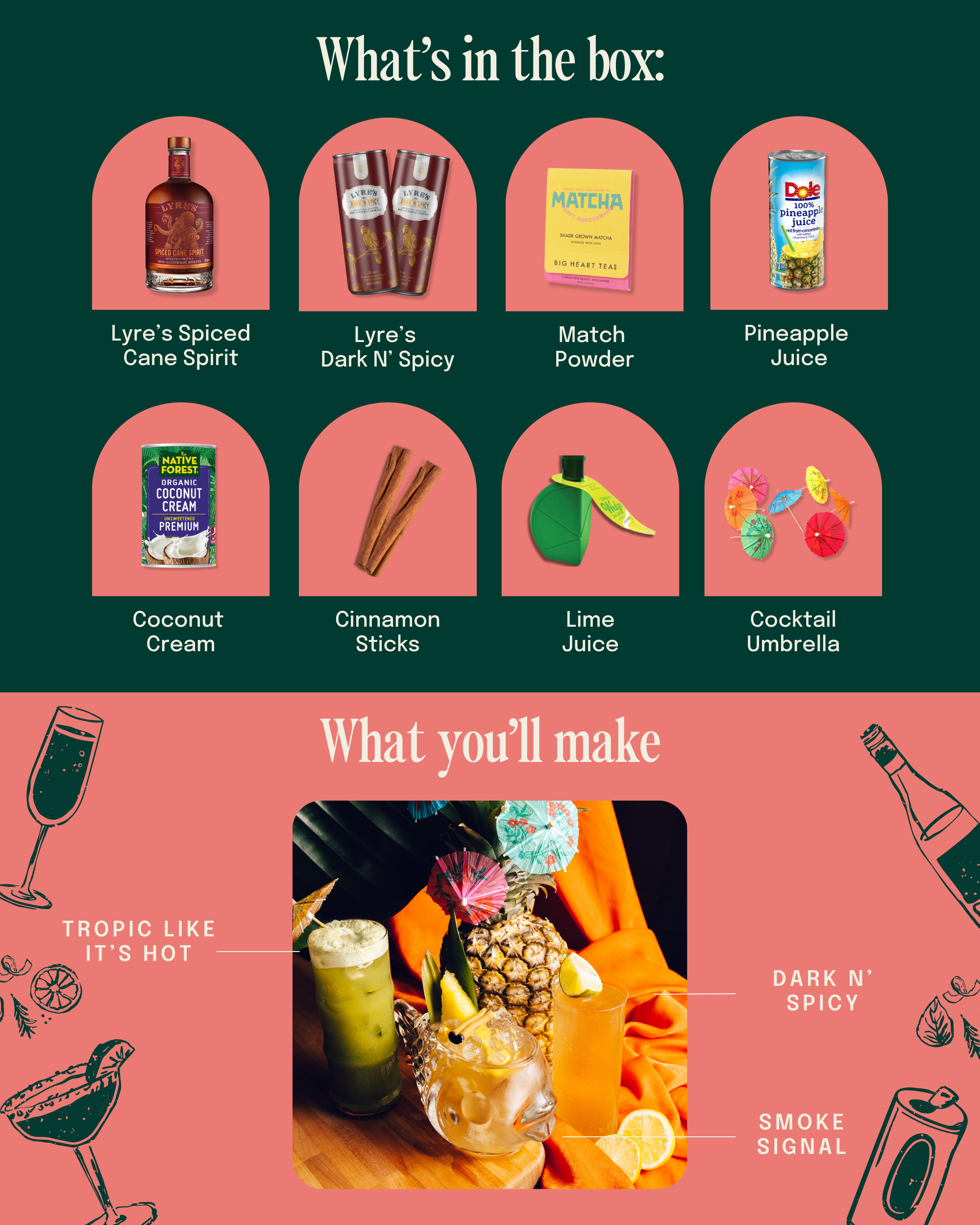 Product packaging with ingredients and cocktail images on a green and pink background