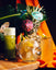 Tropical cocktails with pineapple garnishes and colorful umbrellas on a wooden table.