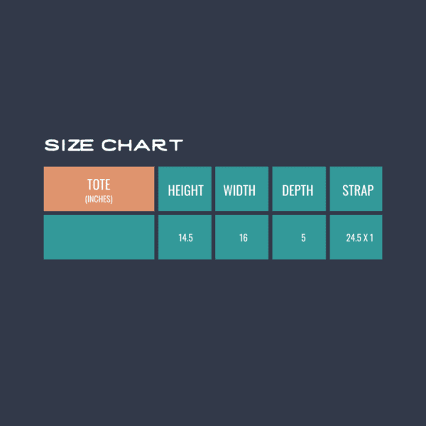 The size chart is shown on a dark background for the Tote Bag subscription box.