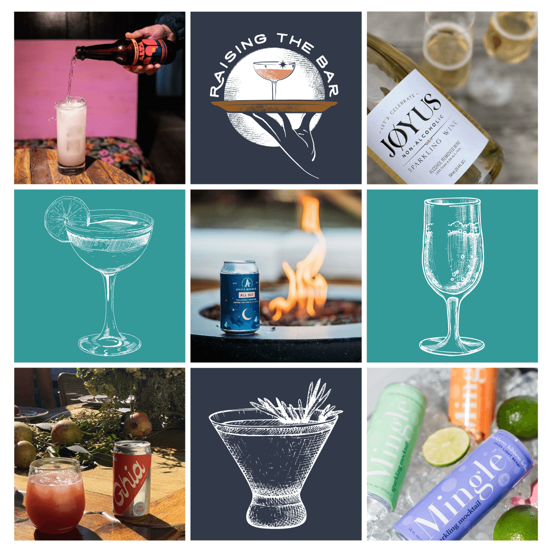 A collage of pictures of alcohol-free cocktails and drinks, perfect for subscription box enthusiasts seeking zero-proof options.