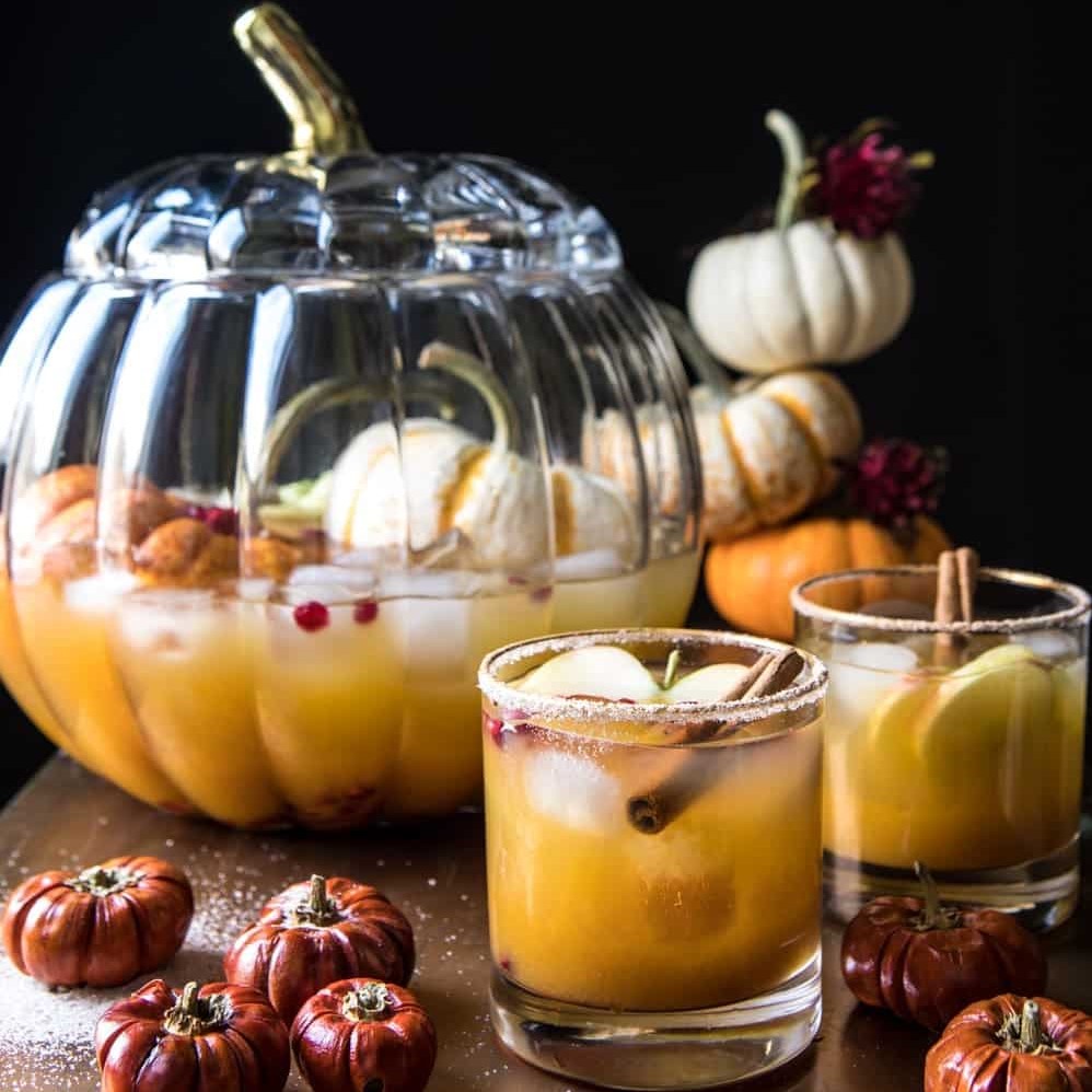 A glass of zero-proof pumpkin punch garnished with cinnamon sticks and pumpkins, perfect for sober curious individuals exploring alcohol-free options.