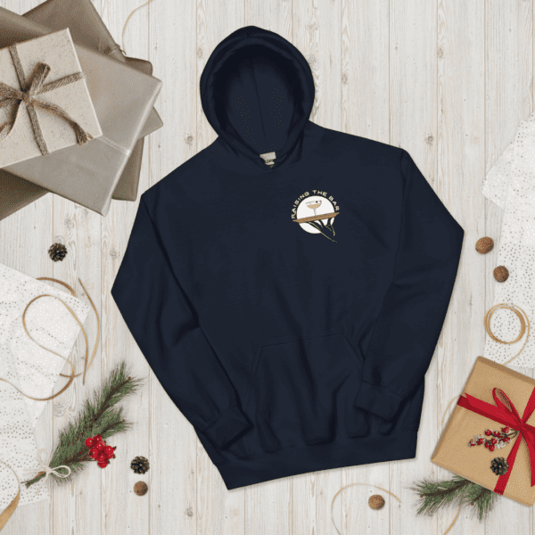 A festive navy hoodie adorned with a Christmas tree and surrounded by gifts.