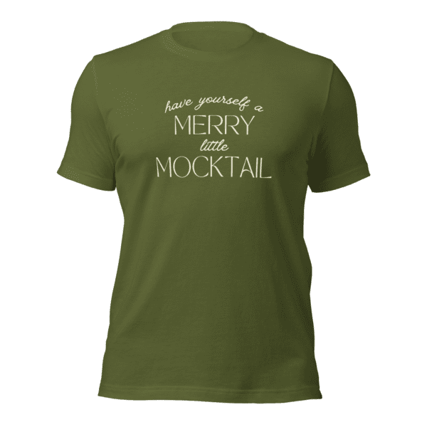 A green t - shirt that says merry little moctail.