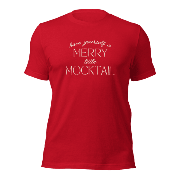 A red t - shirt that says love yourself merry little moctail.